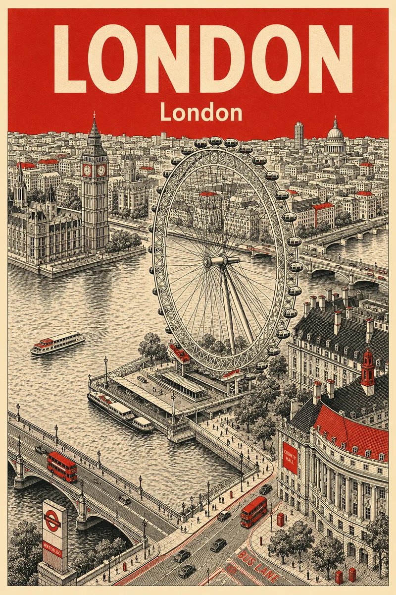 Vintage travel poster illustration of London, ultra-detailed aerial cityscape, featuring the London Eye, Big Ben, River…