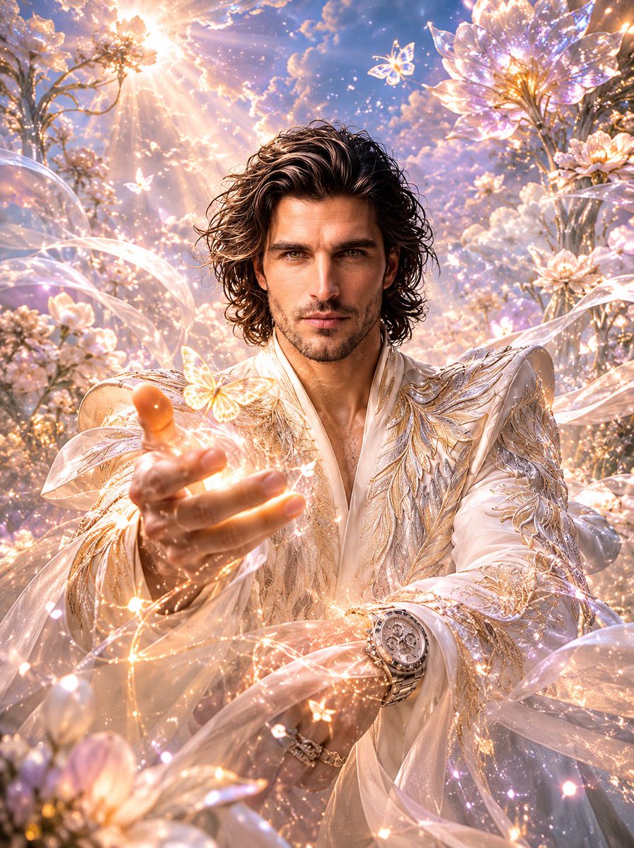 Dreamlike fantasy world with giant glowing flowers and floating particles, soft pastel clouds, cinematic sunlight rays,…