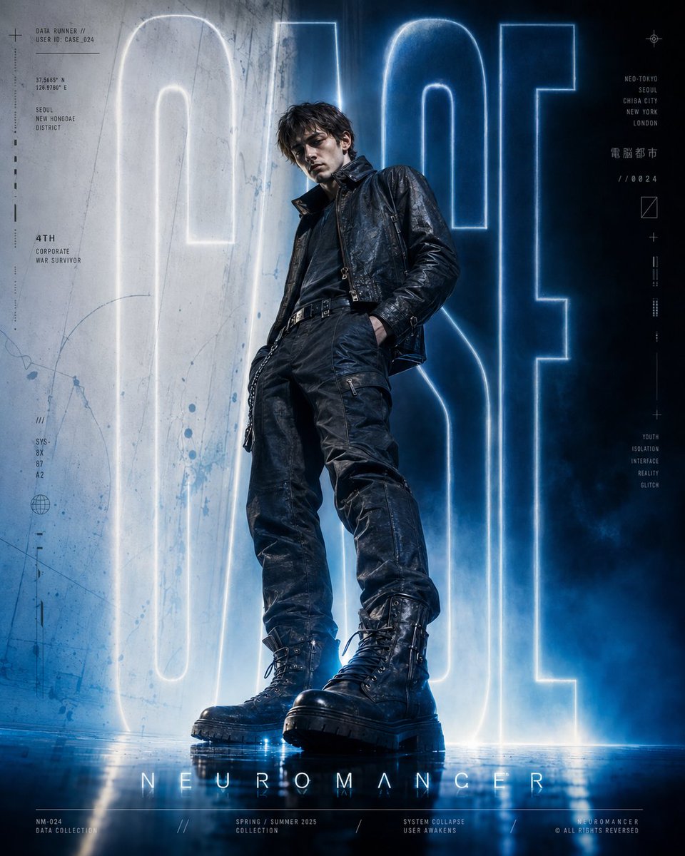 Goal: Create a vertical cyberpunk fashion editorial poster for {argument name="book title" default="NEUROMANCER"}, with…