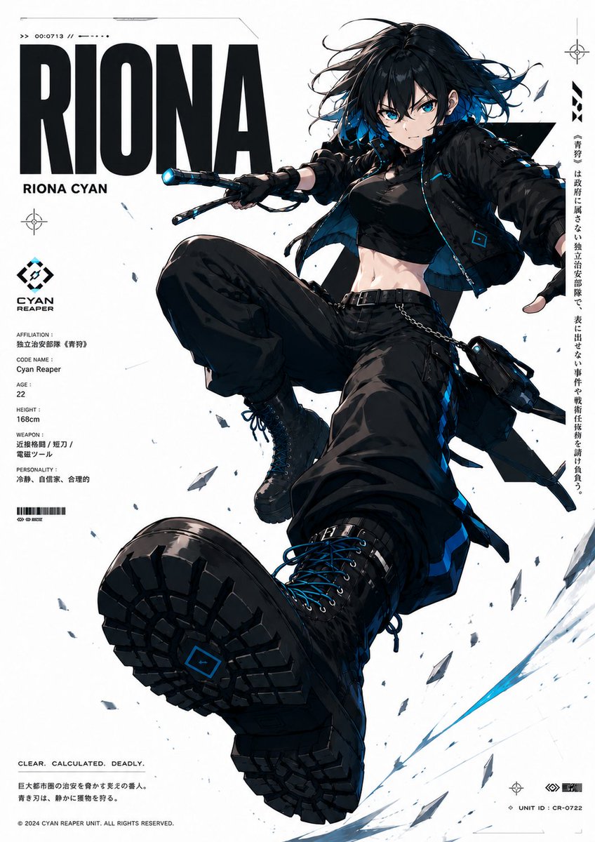 Goal: Create a high-impact anime character dossier poster for {argument name="character name" default="RIONA"}, a cyber…