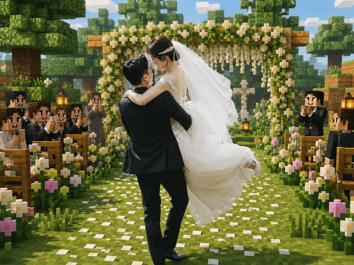 Create a cinematic Minecraft-inspired voxel wedding scene that blends realistic newlyweds with a blocky game world. In …
