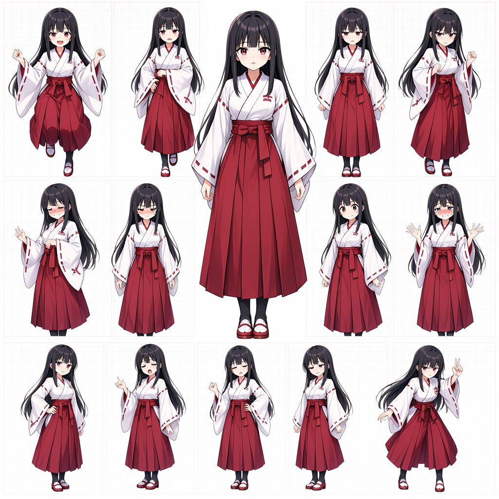 Goal: Create an anime character reference sheet featuring {argument name="character name" default="a young shrine maide…