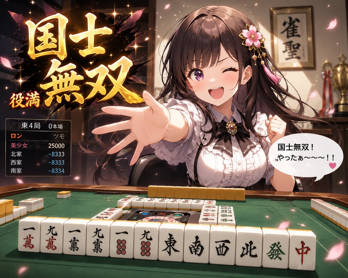 Goal: Create a dramatic anime-style mahjong victory scene showing a young woman celebrating an enormous winning hand, w…