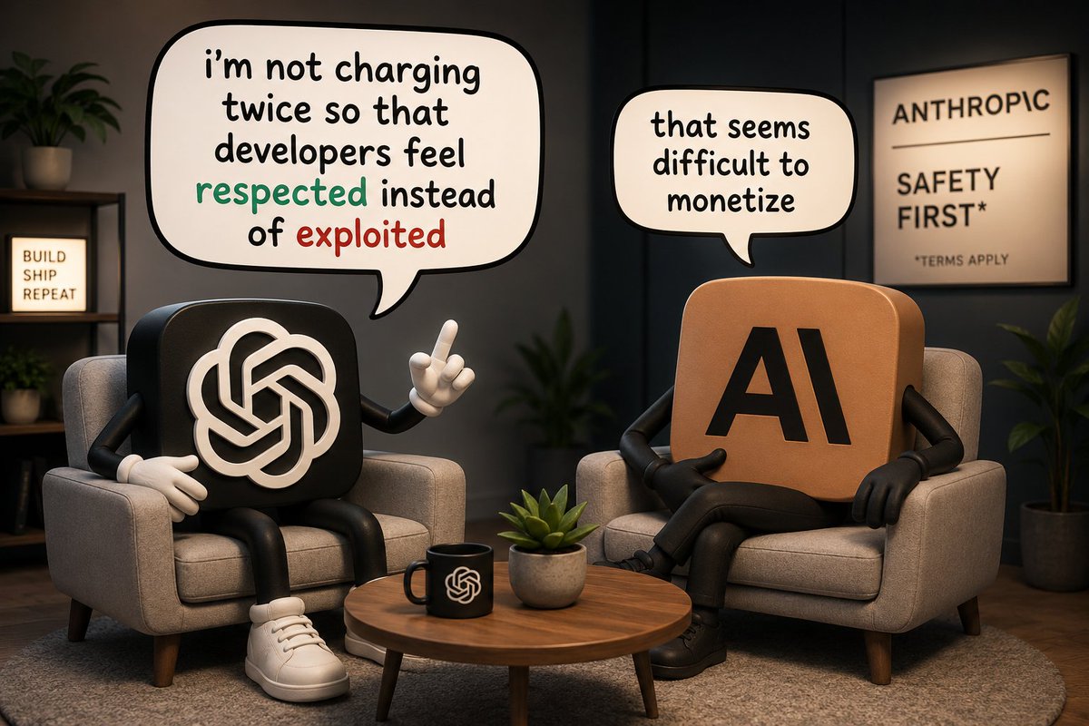 Create a polished 3D cartoon editorial scene in a cozy modern interview lounge, formatted as a wide 16:9 image. Two ant…