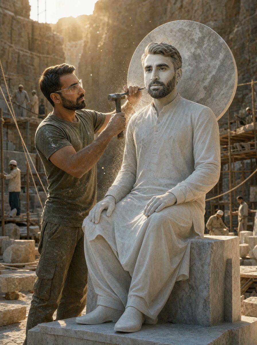 Create a wide cinematic photorealistic scene in a sunlit stone quarry at golden hour, showing two versions of the same …