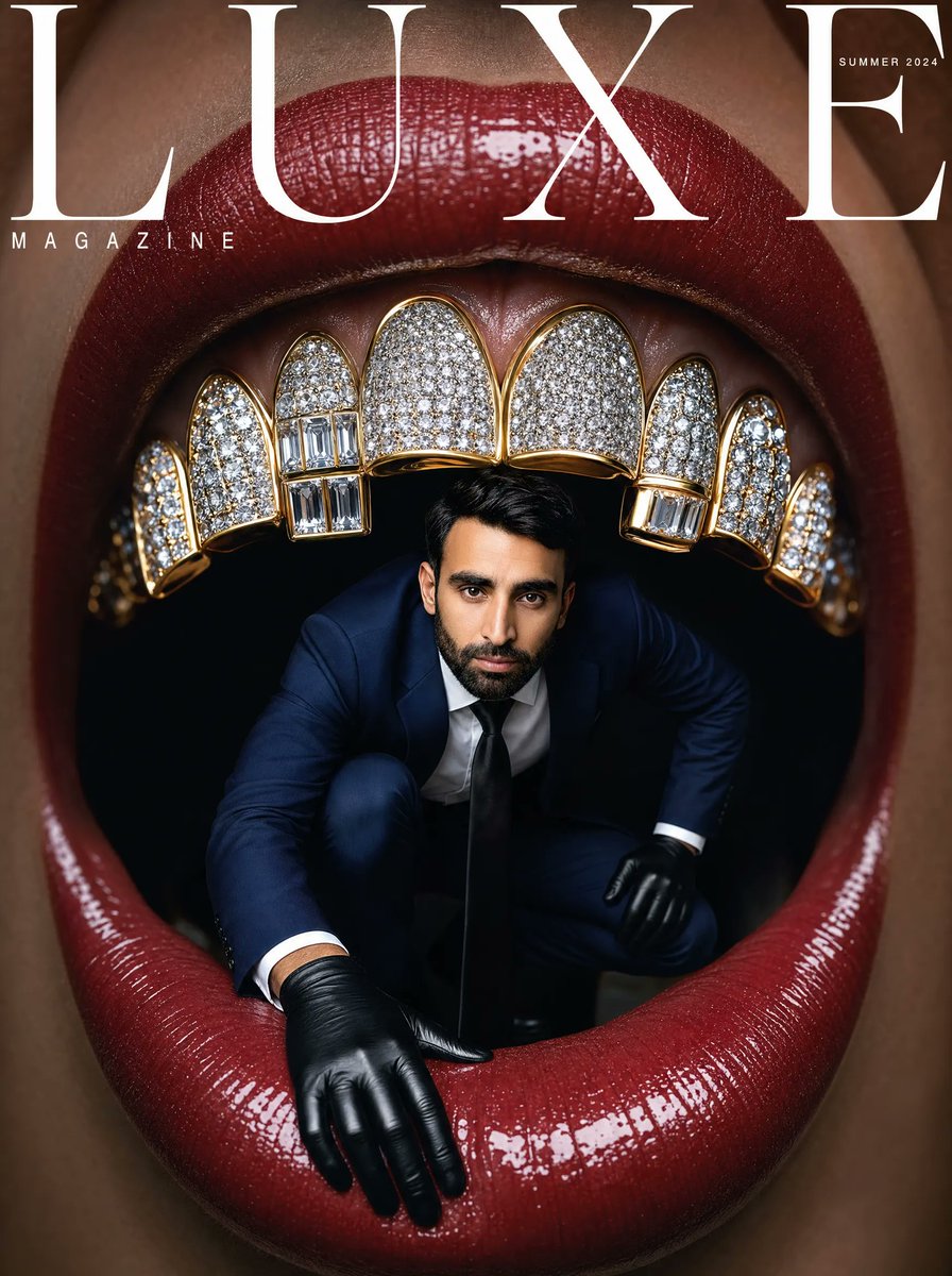 Create a hyper-realistic surreal luxury fashion magazine cover in a vertical 4:5 format. The image is an extreme macro …