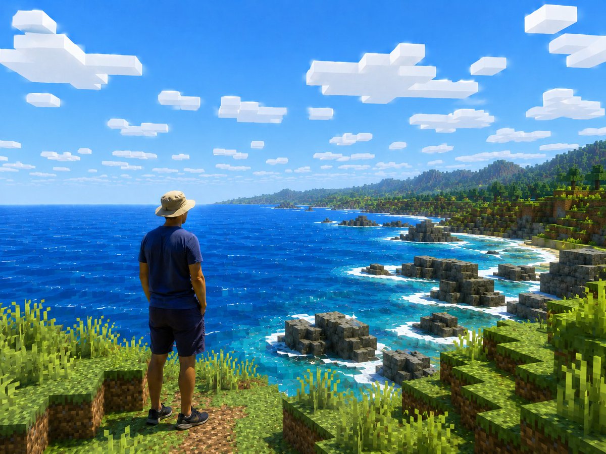 Create a realistic travel-photo composition transformed into a Minecraft-style open-world screenshot. Show one human fi…
