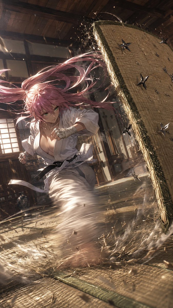 Create a dynamic vertical anime action illustration of {argument name="character name" default="a fierce young female m…