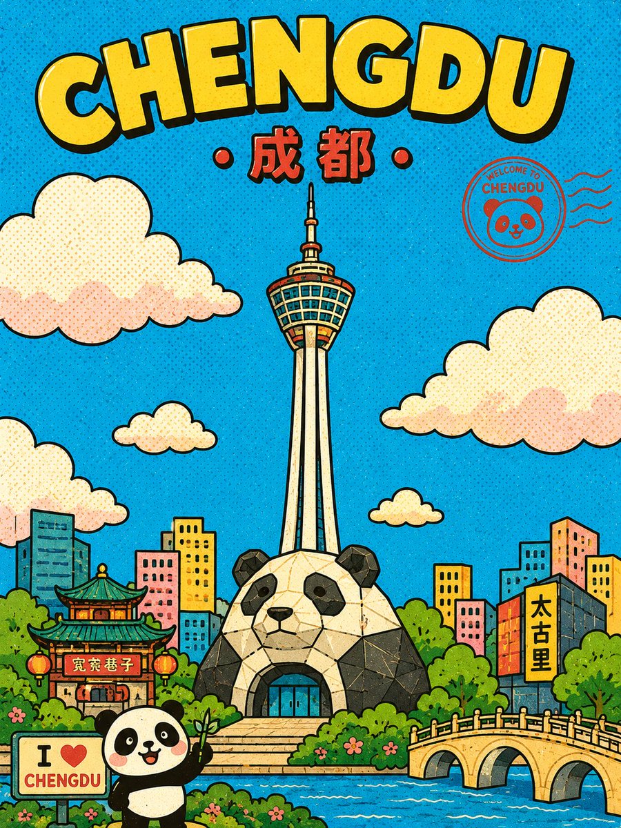 Create a cute retro cartoon travel-poster cityscape of {argument name="city name" default="Chengdu"}, in a naive childr…
