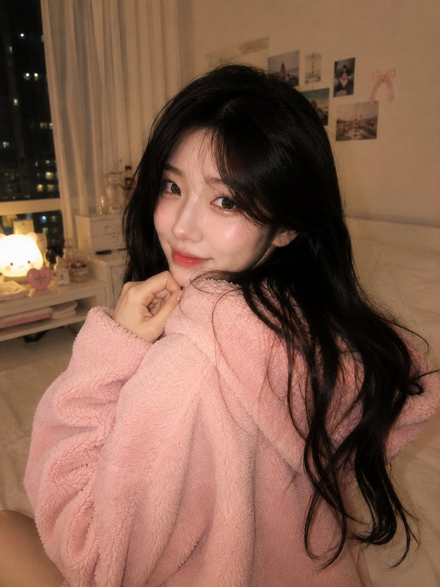 Ultra-realistic cozy bedroom portrait of a {argument name="subject" default="beautiful Korean woman"} sitting on her be…