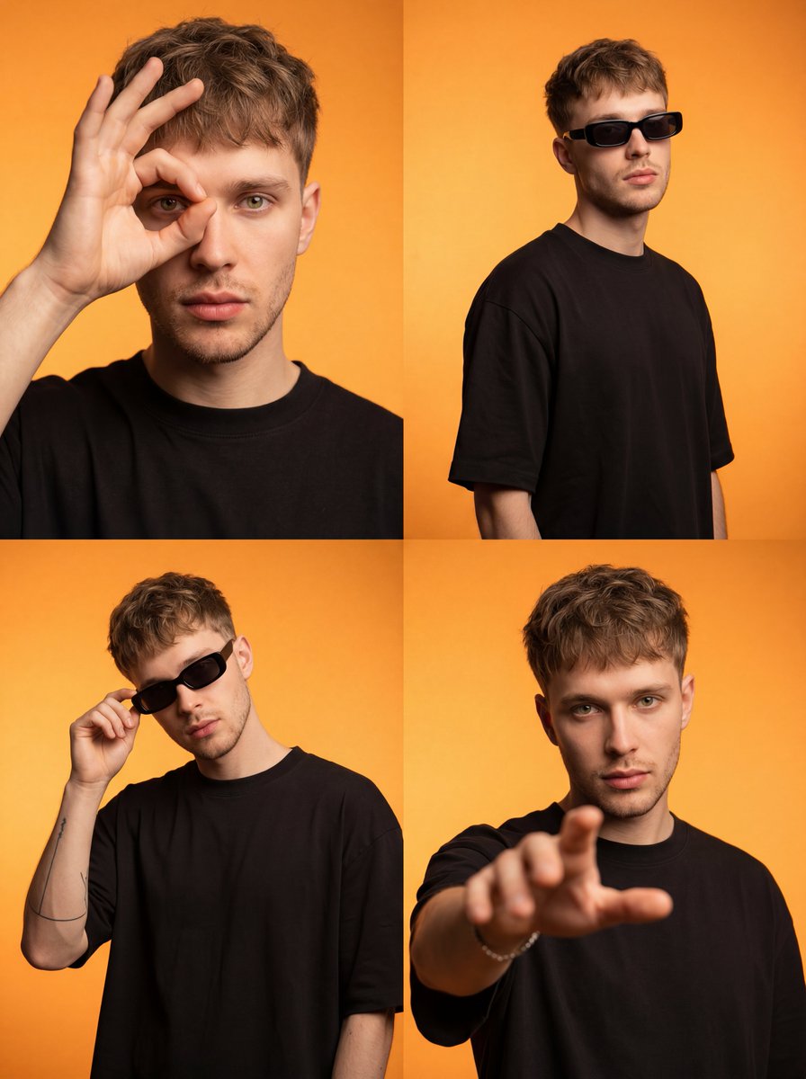 A photorealistic four-panel 2x2 grid layout presents a {argument name="subject" default="young adult European-appearanc…