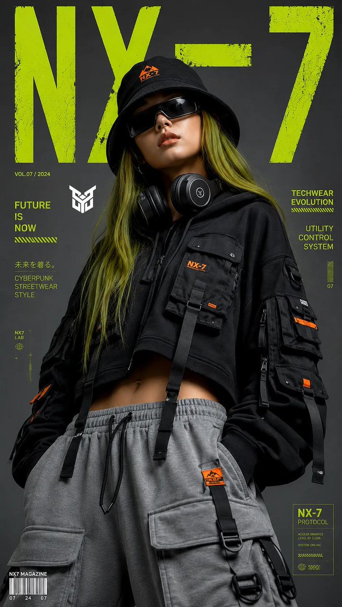High-fashion editorial portrait of a {argument name="subject" default="young woman with long, straight moss-green hair"…