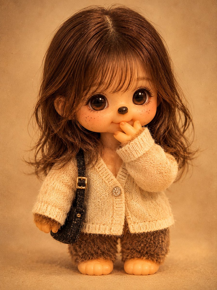 Please transform the person in the photo into a realistic vintage Monchhichi doll in the {argument name="doll style" de…
