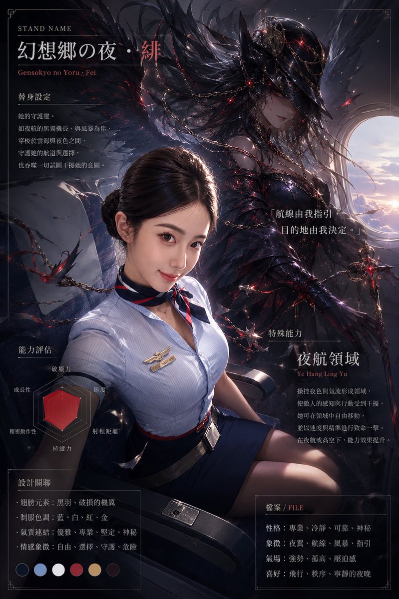 Goal: Create a dark cinematic anime-style “guardian spirit / Stand profile” poster for {argument name="character name" …