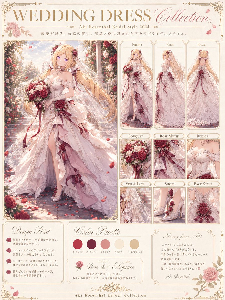 Goal: Create a refined anime wedding dress collection design board for {argument name="character name" default="Aki Ros…