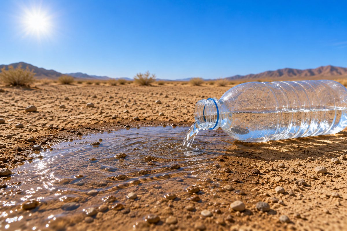 Create a highly realistic documentary-style photograph of a clear plastic water bottle lying horizontally on its side i…