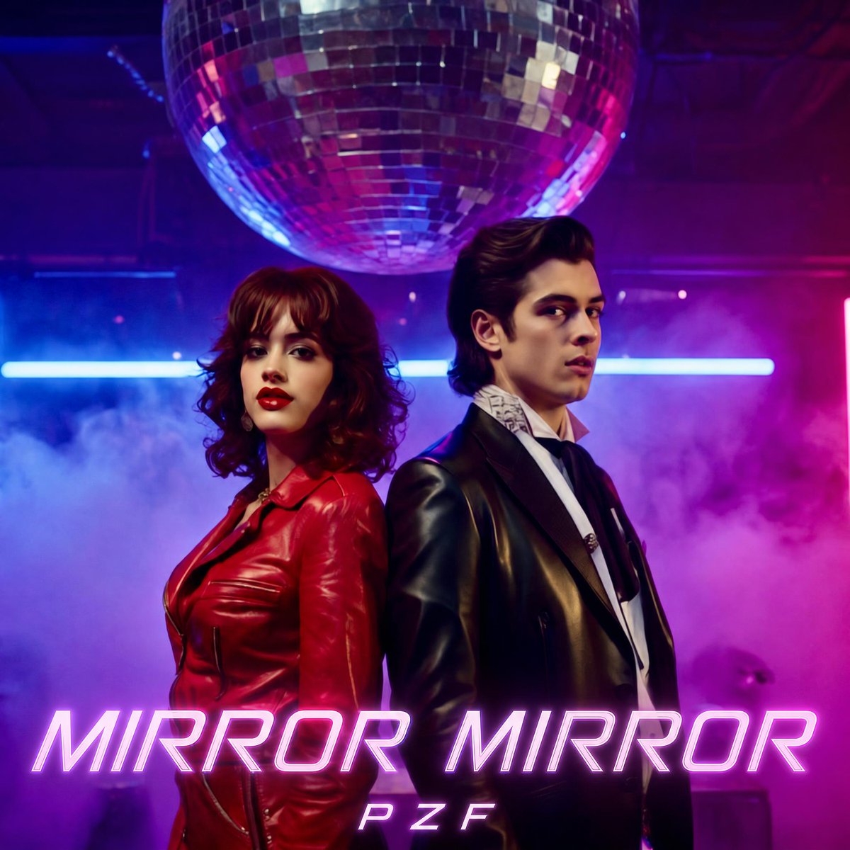 Create a square 1:1 synthwave disco album cover for a track titled {argument name="song title" default="MIRROR MIRROR"}…