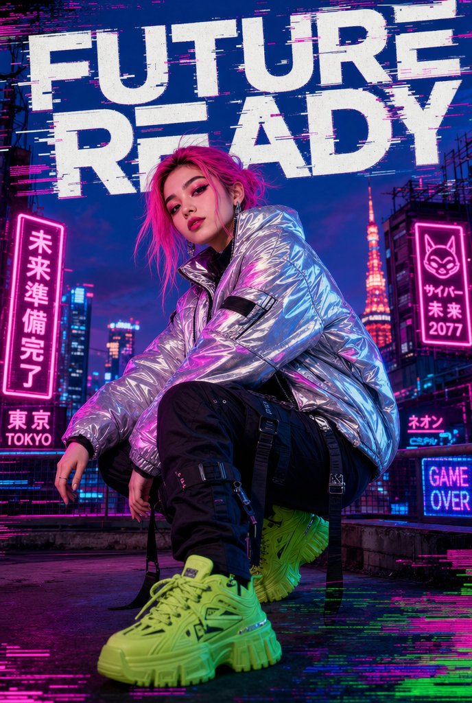 Create a vertical cyberpunk streetwear fashion poster of a young model crouching low on a Tokyo-inspired rooftop at twi…