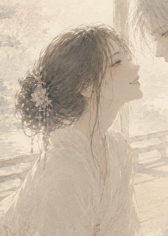 Create a soft, ethereal watercolor-style romantic illustration of two young adults standing very close together in a su…