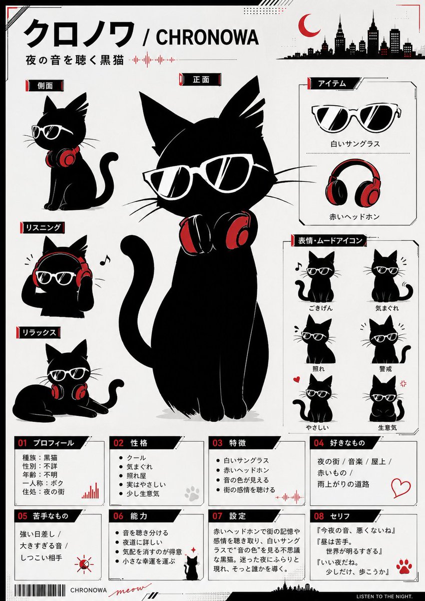 Goal: Create a clean monochrome-and-red Japanese character reference sheet poster for a cute black cat mascot named {ar…