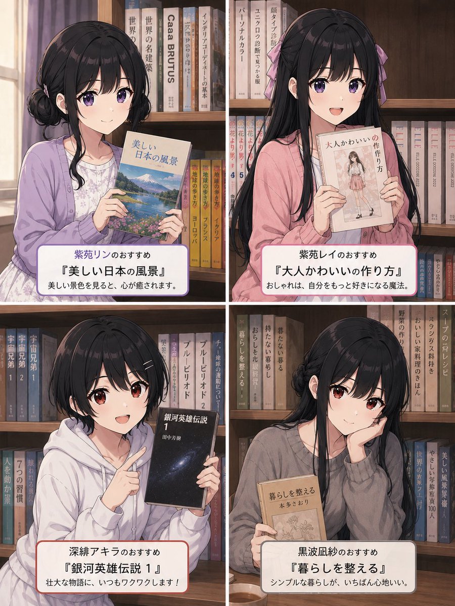 Goal: Create a polished 2×2 anime-style recommendation collage set inside a cozy bookstore or library, showing four dif…