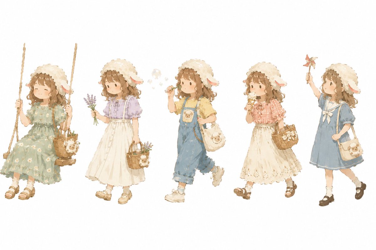 Goal: Create a soft watercolor children’s character lineup featuring exactly 5 variations of the same cute little girl …