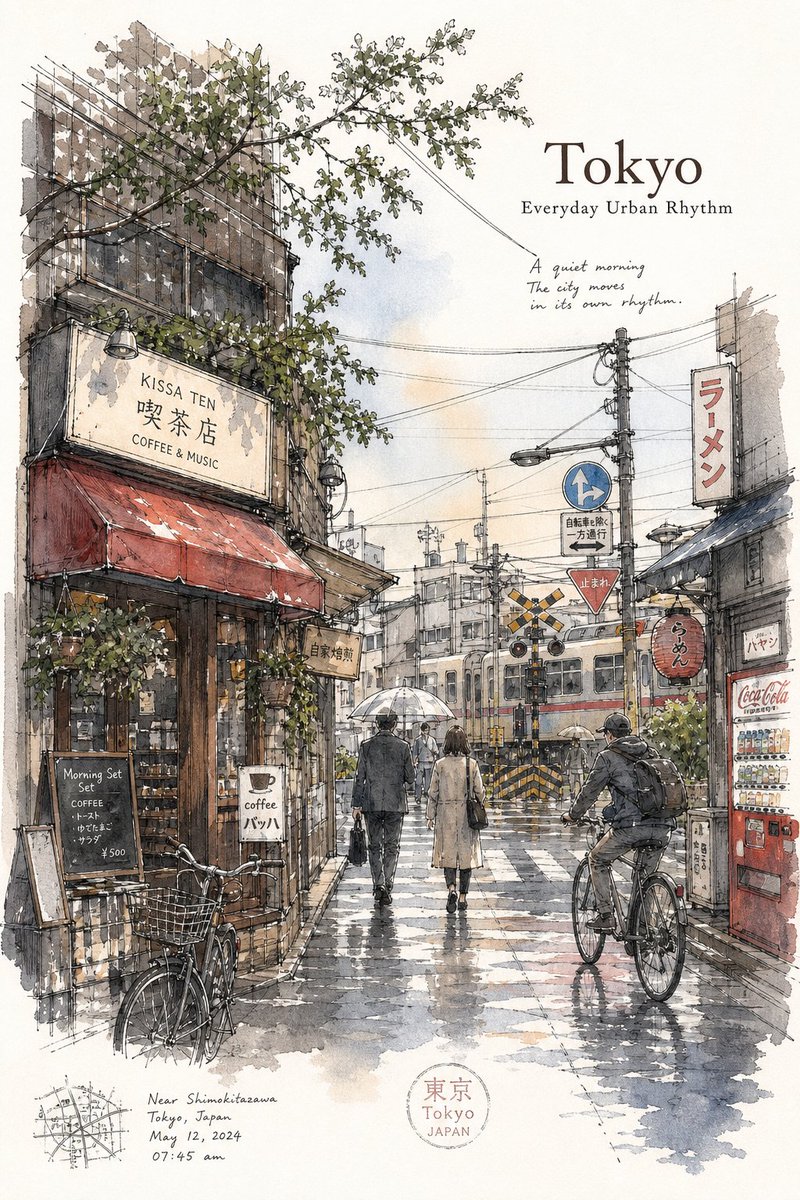 Tokyo minimalist urban travel sketch poster, drawn like a real location sketch captured by an experienced urban sketch …