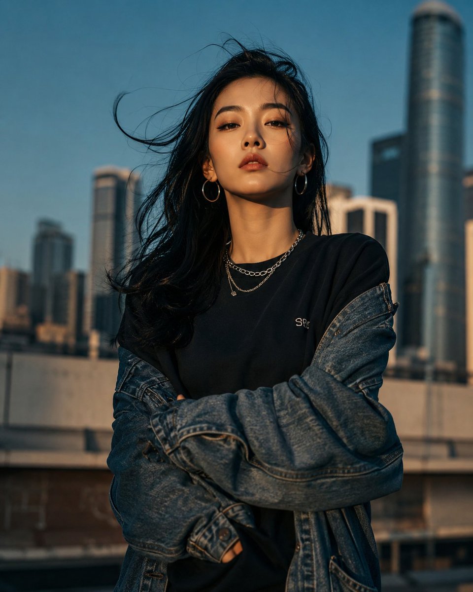 Ultra-realistic cinematic portrait of a {argument name="subject" default="confident young East Asian woman"} standing o…