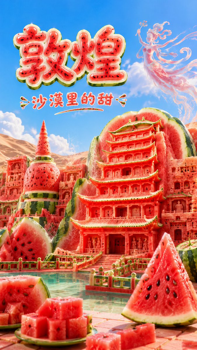生成一张高传播感的 9:16 竖版「西瓜风格城市地标建筑」创意海报。 【用户输入】 城市名称:{城市名称} 【核心任务】 系统需要自动识别该城市最具代表性的 3–5 个地标建筑、城市天际线、自然环境与地域气质,并将它们统一转译为“由西瓜雕…