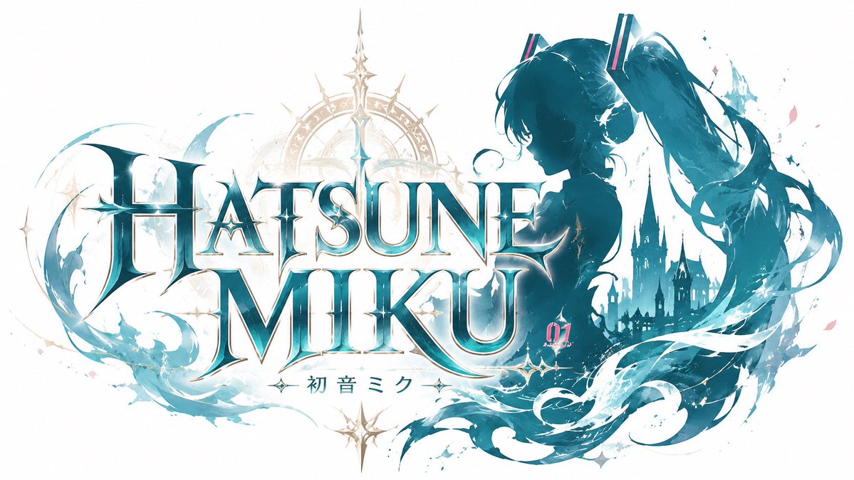 Create a wide JRPG fantasy title logo splash screen for {argument name="character name" default="Hatsune Miku"}. Canvas…