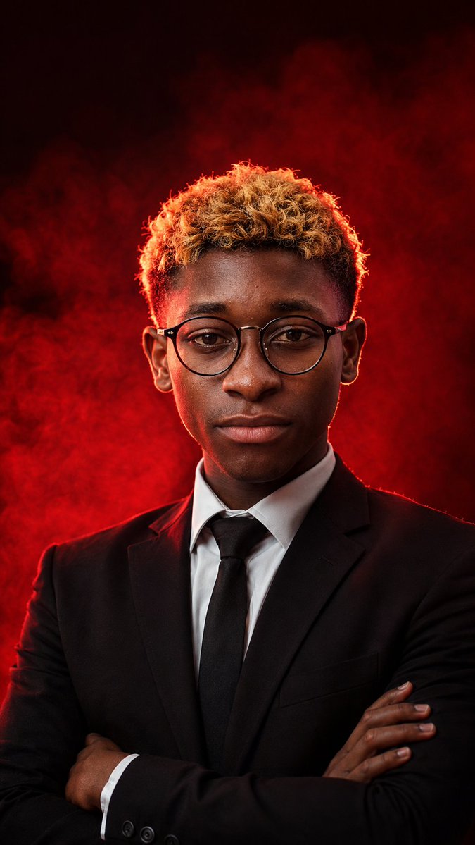 Create a dramatic vertical studio portrait of a confident adult man wearing a tailored {argument name="suit color" defa…