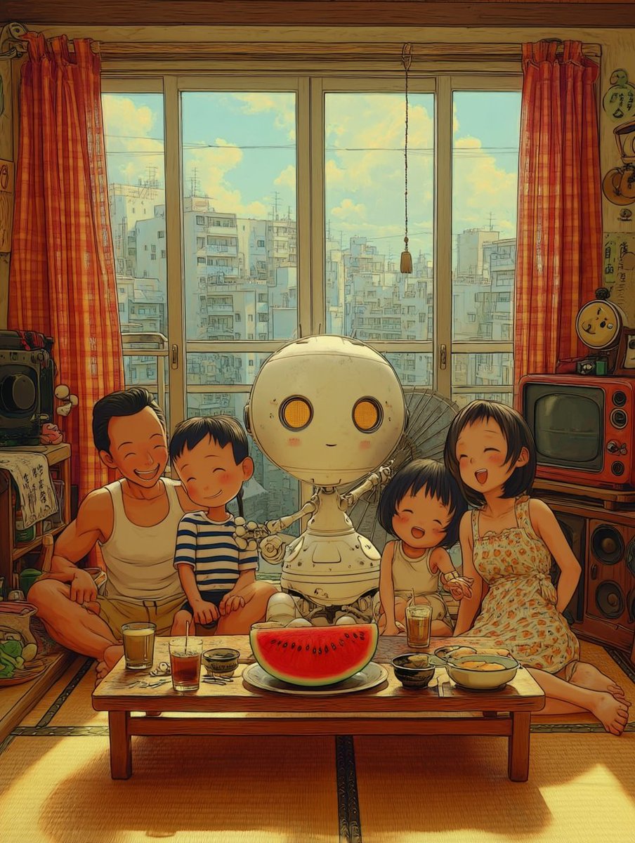 Create a warm retro-future vaporwave anime advertisement-style illustration of {argument name="robot name" default="My …