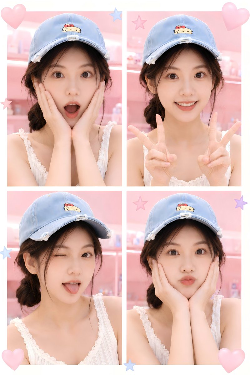 Goal: Create a cute kawaii four-photo collage of the same young woman, preserving {argument name="character identity" d…