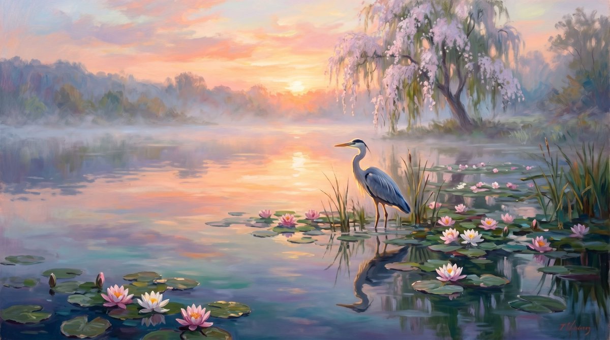 Create a dreamy impressionist oil painting of a serene misty lake at sunrise, in a wide cinematic horizontal canvas. Th…