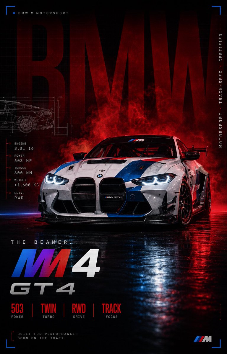 Goal: Create a dramatic vertical motorsport advertising poster for a {argument name="car model" default="BMW M4 GT4"}, …