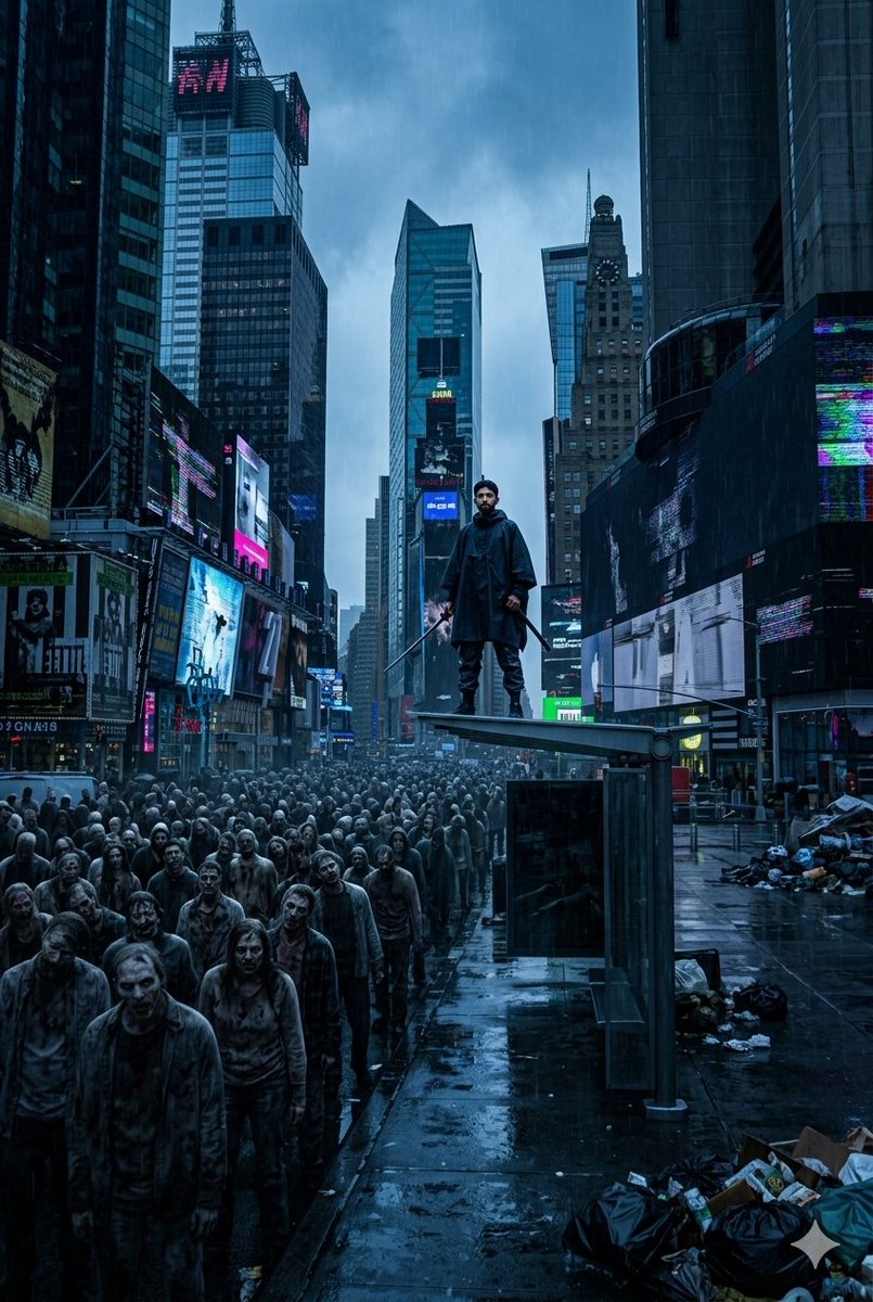 Create a wide cinematic post-apocalyptic scene in deserted Times Square during heavy rain, gloomy blue color grading, w…