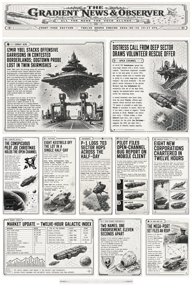 Goal: Create a monochrome retro sci-fi broadsheet newspaper front page for a fictional space game, titled {argument nam…