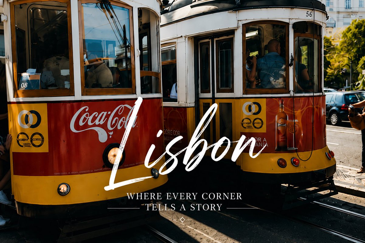 Create a cinematic travel-poster style photograph of {argument name="city name" default="Lisbon"} on a sunny street, sh…