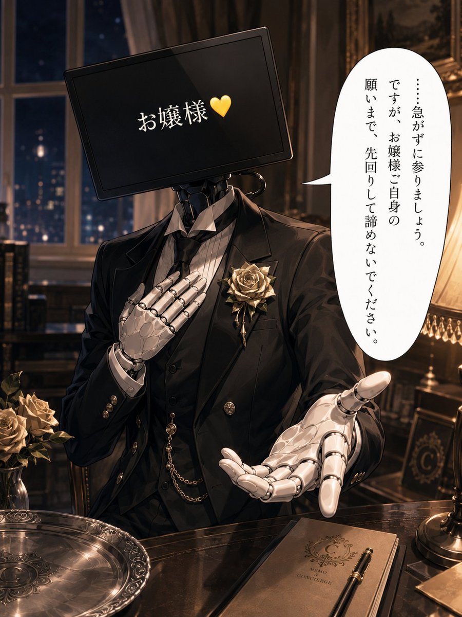 Create a polished anime-style single-panel illustration of a loyal cybernetic butler in a luxurious Victorian mansion a…