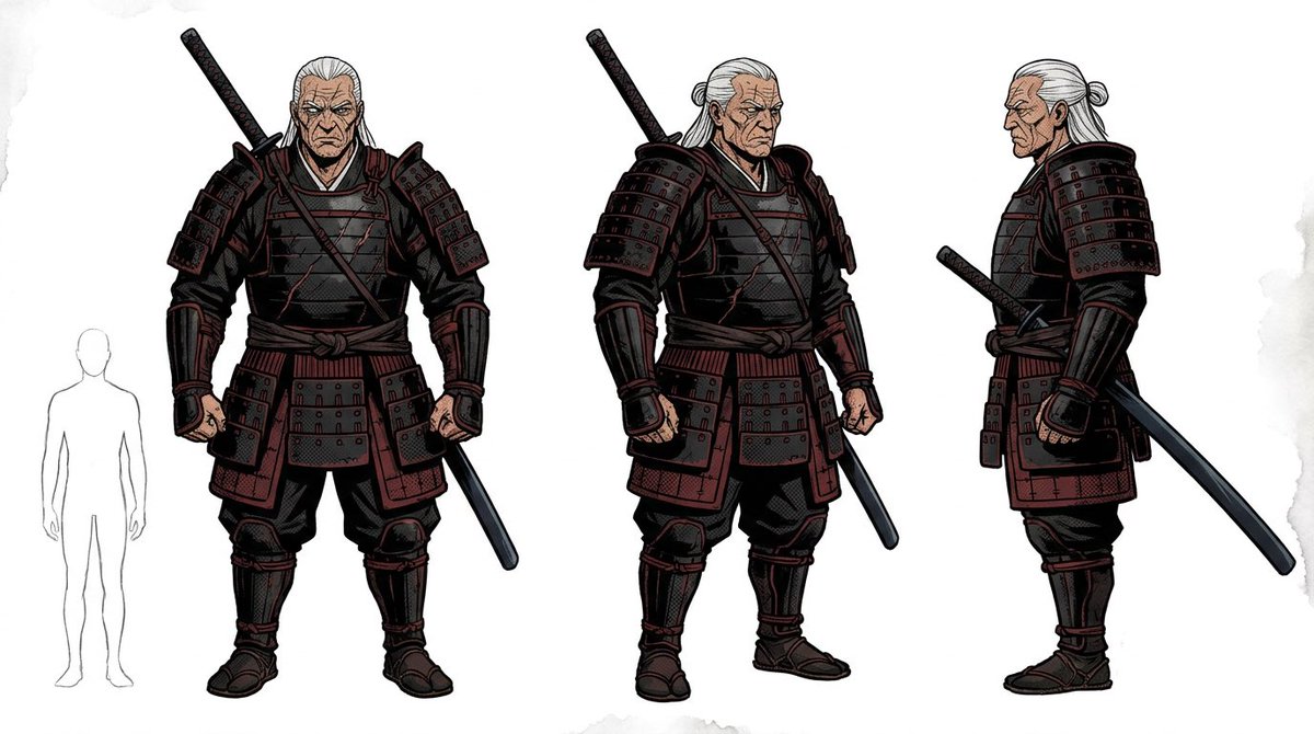 Goal: Create a clean fantasy character concept sheet for a heavily armored samurai warrior, suitable for game or film p…