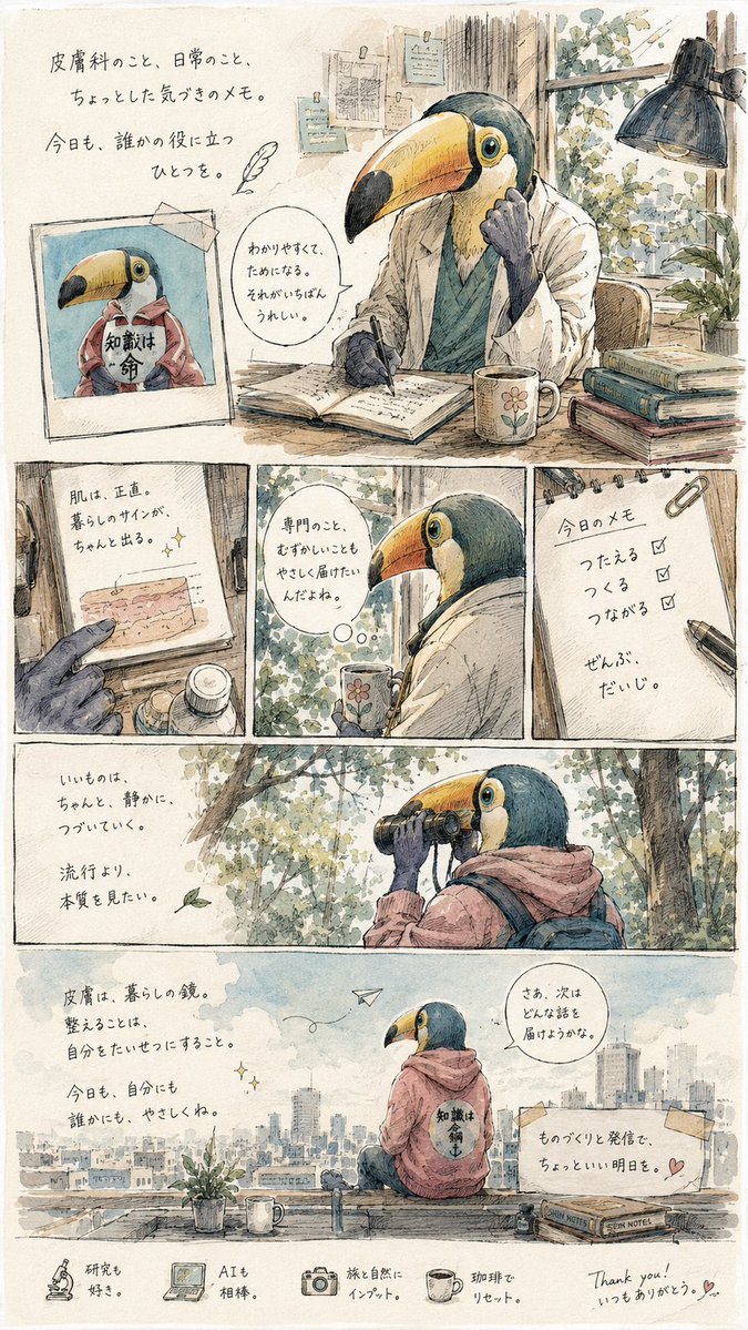 Goal: Create a warm, emotional autobiographical single-page manga/illustrated essay about a kind dermatologist who has …