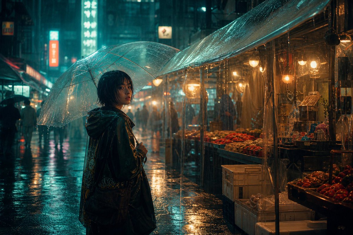 Create a cinematic cyberpunk night street scene titled by mood rather than text: an original {argument name="character …
