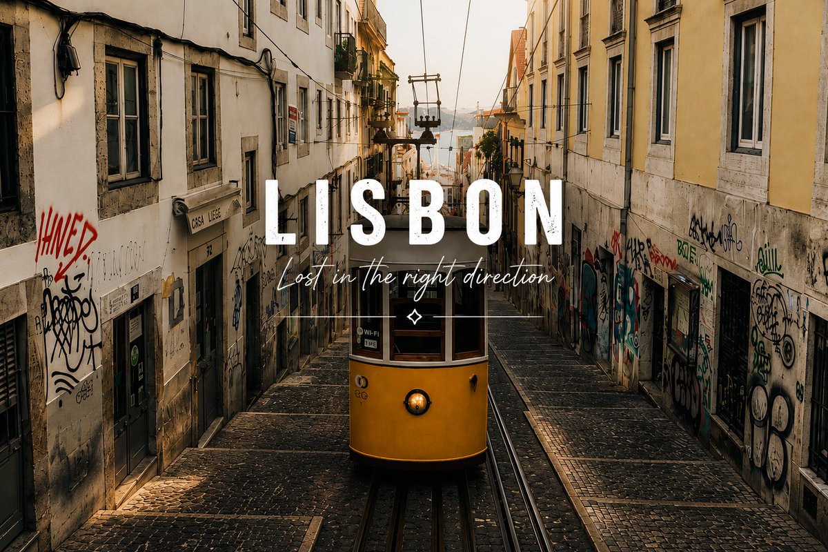 Create a cinematic travel-poster style photograph of {argument name="city name" default="Lisbon"}: a narrow, steep old …