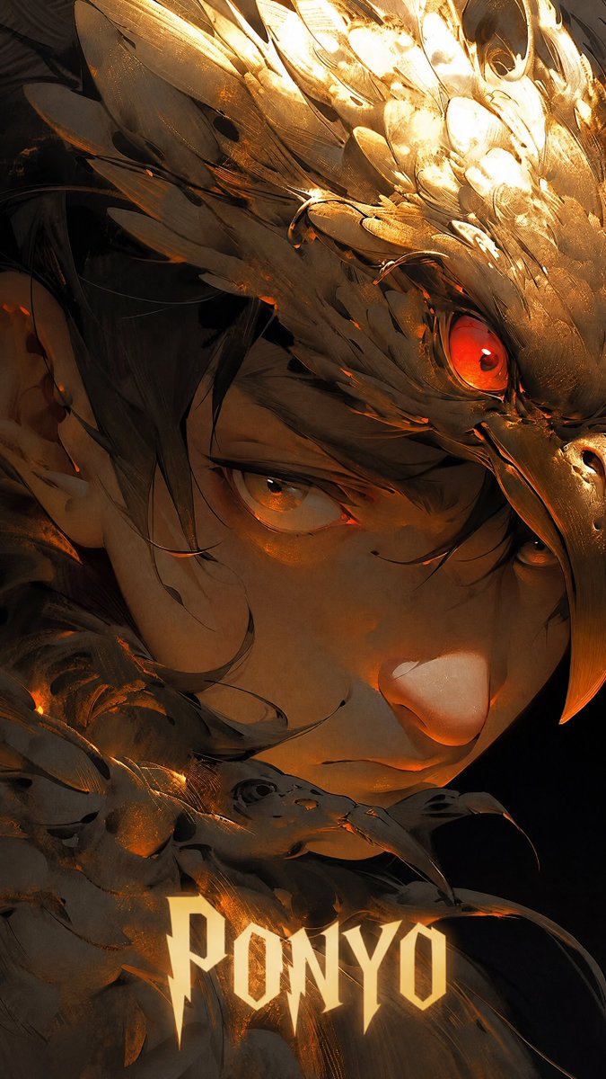 Create a vertical dark fantasy anime poster portrait of {argument name="character name" default="PONYO"}, shown in an e…