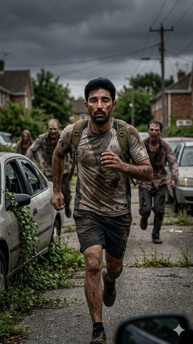 Create a gritty cinematic photorealistic full-body action portrait of {argument name="main runner" default="a desperate…