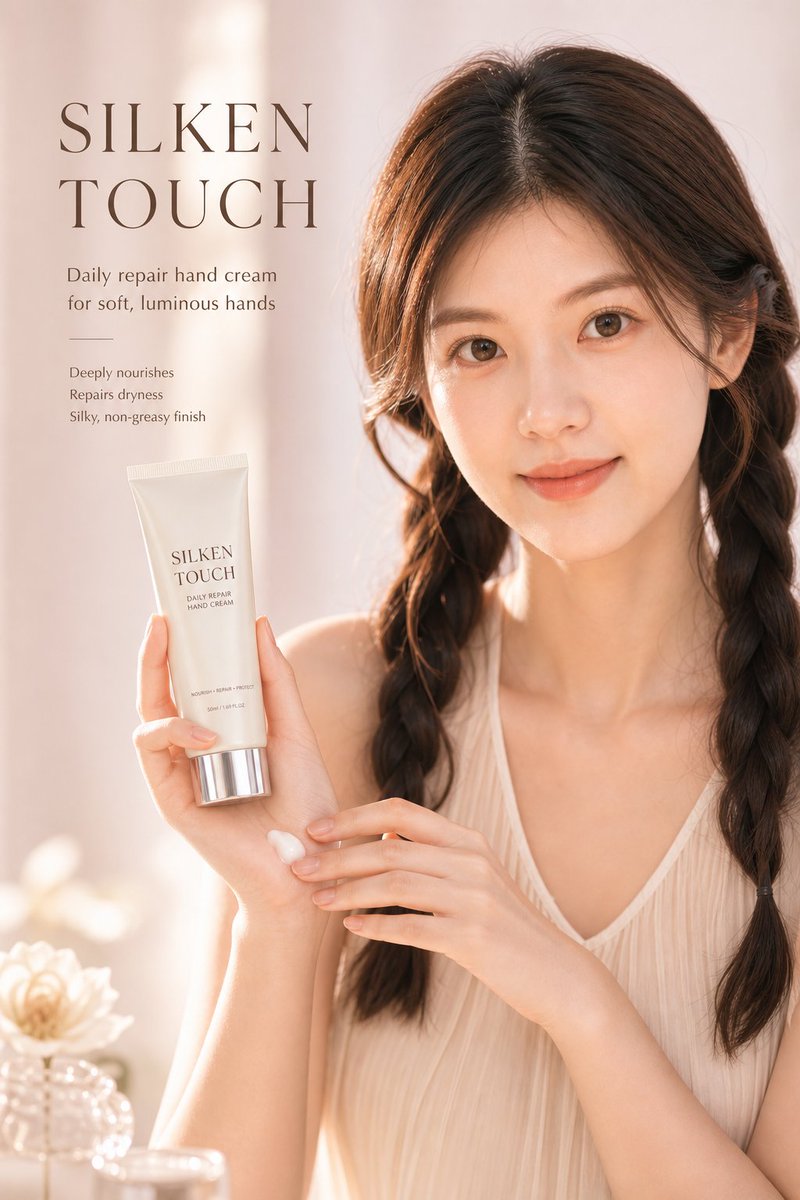 Create a high-end commercial skincare poster for a premium hand cream. Use the uploaded portrait photo only for appeara…