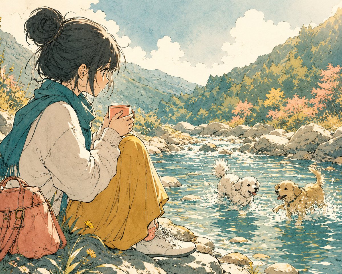 Generate an image: Subject: {argument name="subject content" default="An anime girl holding coffee, sitting by a river,…