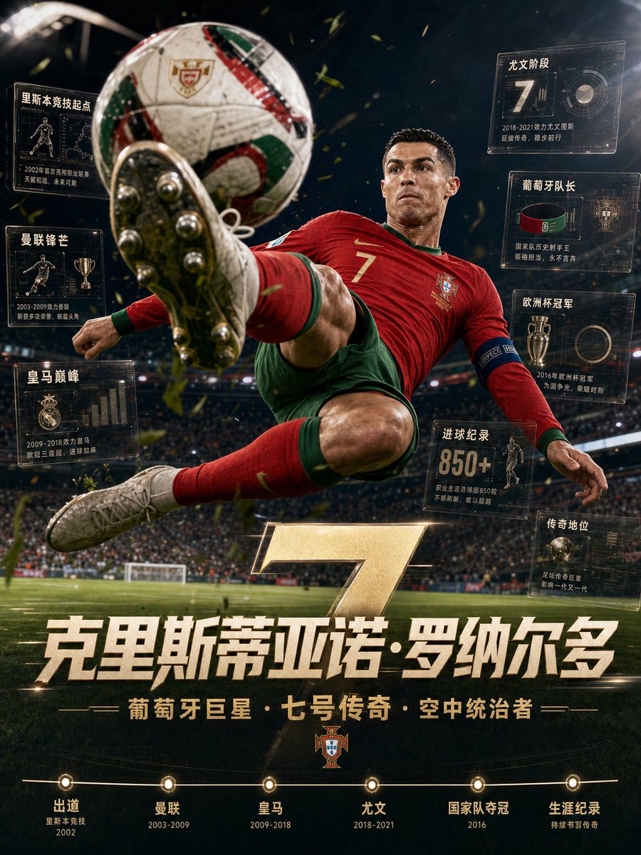 请根据以下用户输入,创作一张高完成度的「足球巨星破框档案海报」。 【用户输入】 主题人物:【球员姓名】 版本:【国家队 / 俱乐部】 核心动作:【动作类型】 人物关键词:【关键词】 主色调:【主色调】 身份标签:【身份标签】 画幅比例:【…