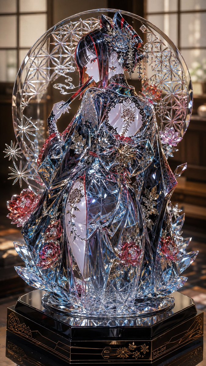 Create a vertical ultra-detailed fantasy product shot of a gothic lolita kimono girl rendered as an Edo Kiriko cut-glas…
