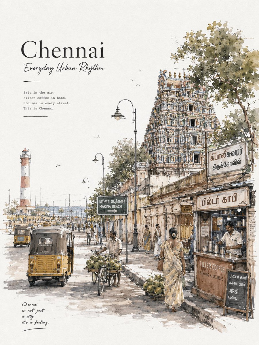 Goal: Create a vertical travel poster illustration celebrating {argument name="city name" default="Chennai"} with the s…